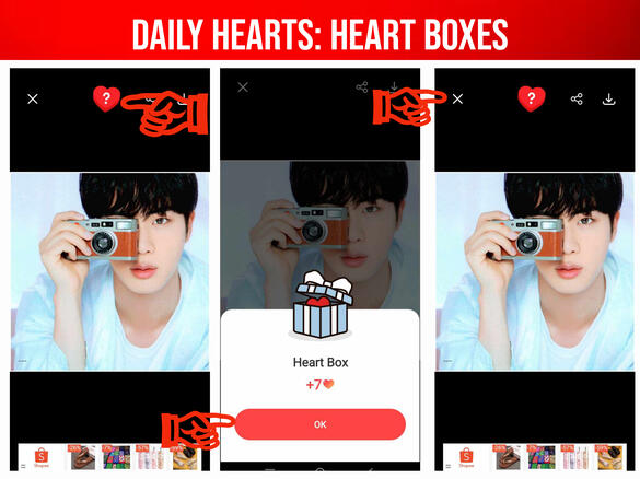 (4) Click the ♥️. (5) Click 'OK' to collect hearts. (6) Close the picture and do the steps again until there's no option for you to collect ♥️