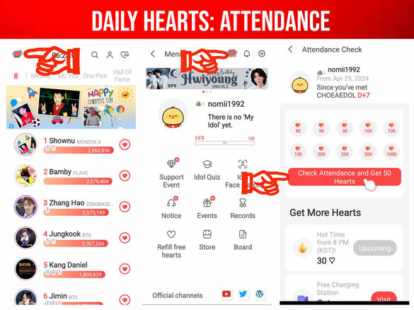 (1) Click the ♥️ on the upper left corner of the page. (2) Click the stamp icon or ♡ on the upper left corner of the page. (3) Click the red button