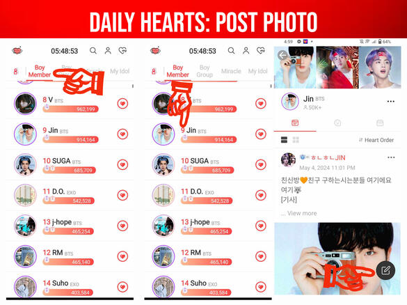 (1) Go to 'Boy Member' category. (2) Click on Jin's photo from the list. (3) Click the 'Write' icon (right side)