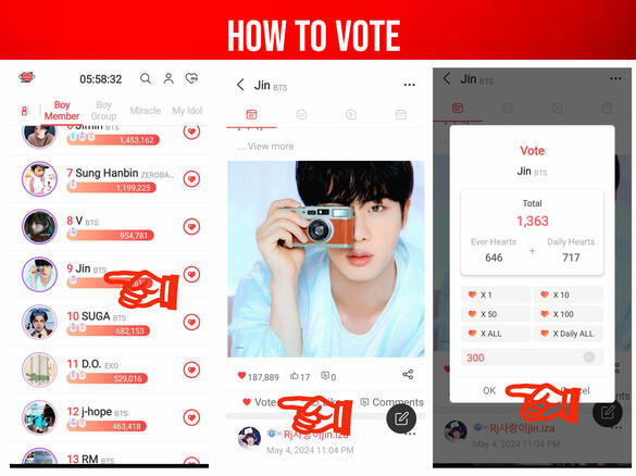 (1) Go to 'Boy Member' category then click on Jin (2) Choose any pictures to vote (3) Enter number of votes then click 'OK', remember to drop Daily Hearts only everyday to receive Ever Hearts in return.