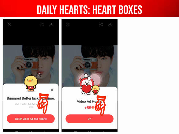 (7) Watch ads if this pop-ups (8) Click 'OK' to gain your ♥️. Collect all ♥️ by opening the picture and clicking the heart icon above it. Once completed, you can go back after 4 hours and collect again.