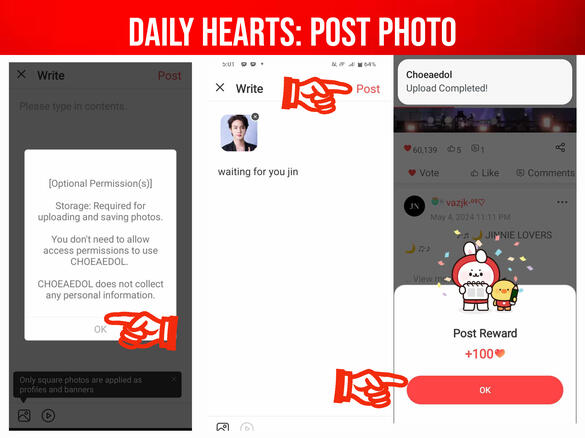 (4) Click 'OK' if this pops-up. (5) Upload high-quality photo of Jin with size 1:1 (square). Write caption and click 'Post.' (6) Click 'OK' to collect your ♥️