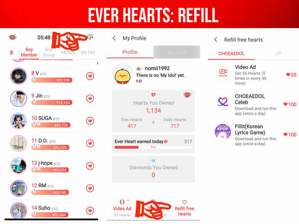 (1) Click the ♡ icon on the upper right corner of the page. (2) Click the 'Refill Hearts' section on the lower right corner of the page. (3) Open articles, close it after viewing and go back to Choeaedol app to collect your ♥️
