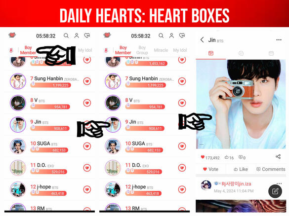 (1) Go to 'Boy Member' category (2) Click on Jin (3) Choose any pictures of Jin from the community, click it to open.