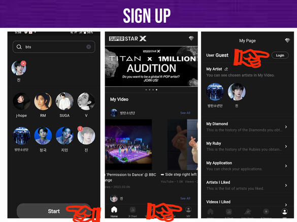 (4) Click on Jin, then press 'Start' button. (5) Click 'My' icon on the lower right corner of the page. (6) Click Log-in on the upper right corner of the page.