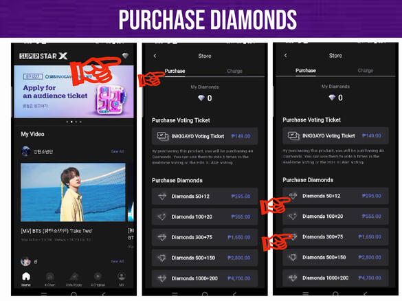 (1) Go to 'Gem' icon on the upper right corner of the page. (2) Go to 'Purchase' tab. (3) Select package to buy.