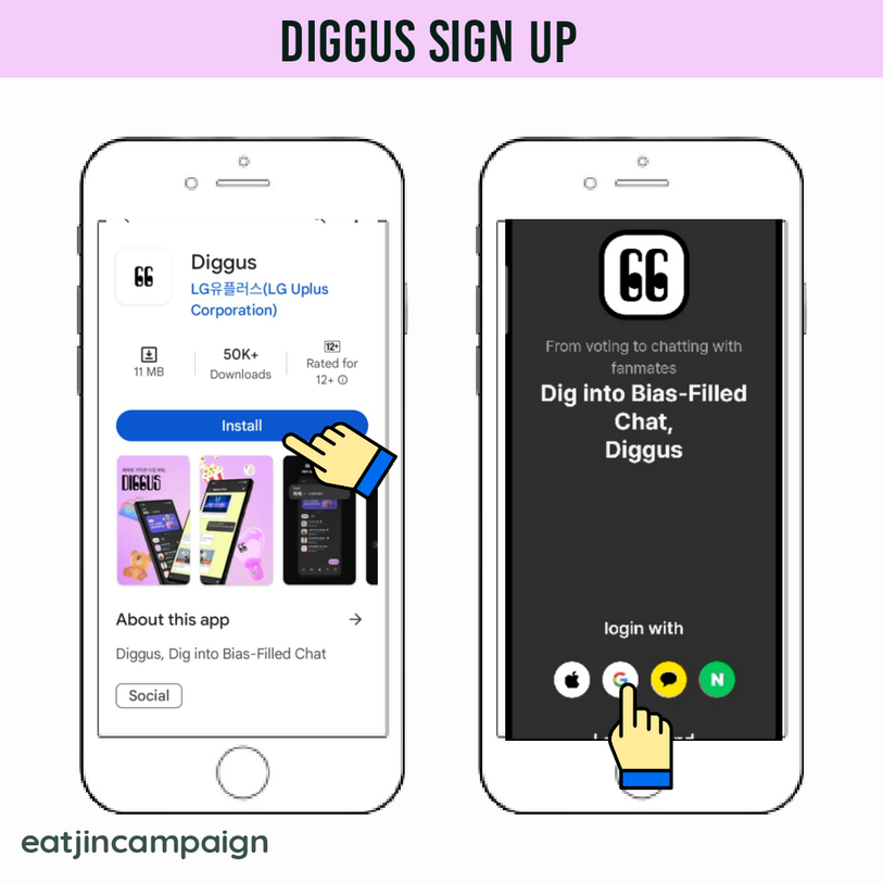 (1) Download Diggus App on your phone, available on IOS and Android. (2) Open the app and choose how to sign-up. On this example, we will use Google.