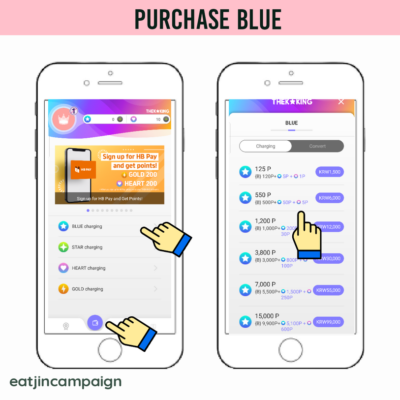 (1) Click the 'Wallet' icon on the lower part of the screen. Then click the arrow on the right side of the BLUE charging section. (2) Choose package.