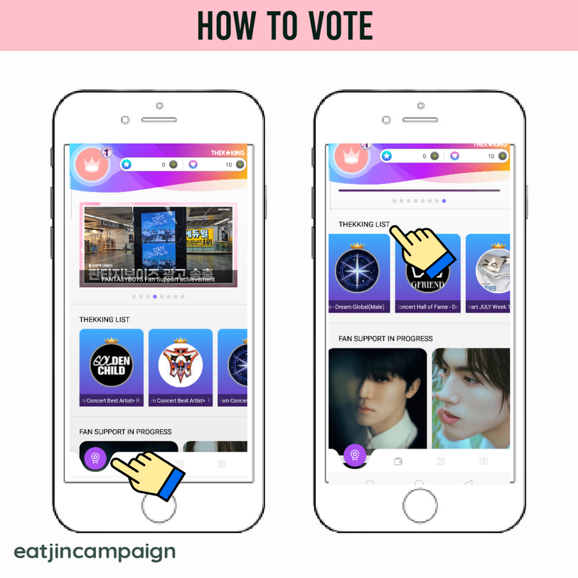 (1) Go to home page of the app. (2) Look for 'TheKking List' and select the category where you want to vote.
