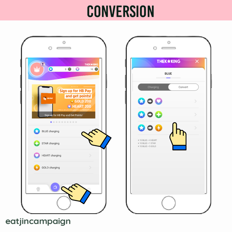 (1) Click the 'Wallet' icon on the lower part of the screen. Then click the arrow on the right side of the BLUE Charging section. (2) Switch to Convert tab, and choose what to convert.