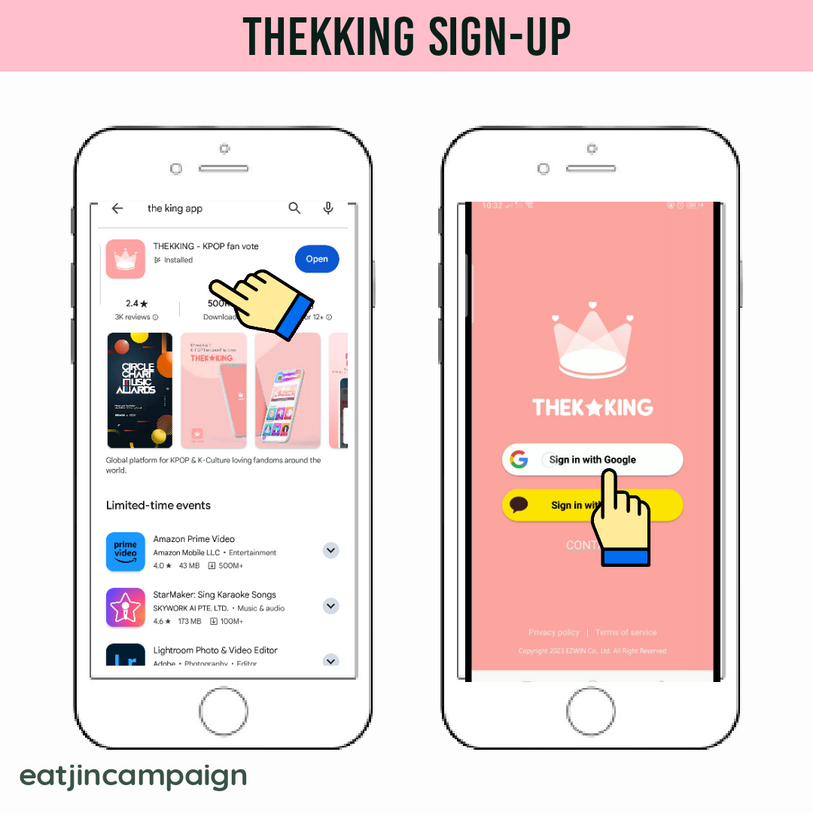 (1) Download THEKKING app on your phone, available on Android and IOS. (2) Open the app and choose how to sign-up. Let's use google for this.